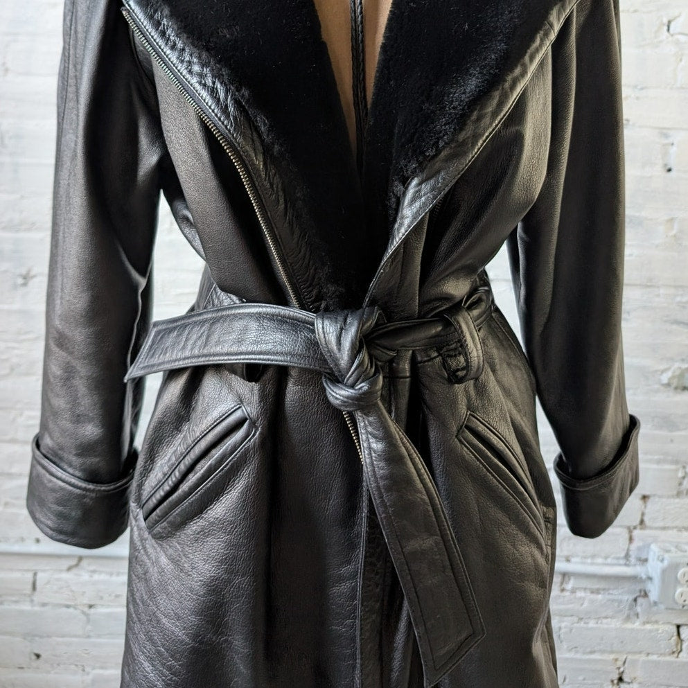 Vintage Black Leather Penny Lane Coat Faux Fur Trench Minimalist Goth Jacket