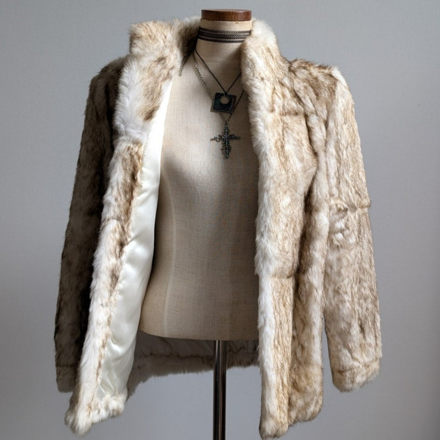 Vintage Neutral White Fur Coat Ombre Brown Genuine Rabbit Mobwife Furry Jacket