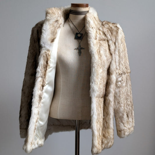 Vintage Neutral White Fur Coat Ombre Brown Genuine Rabbit Mobwife Furry Jacket