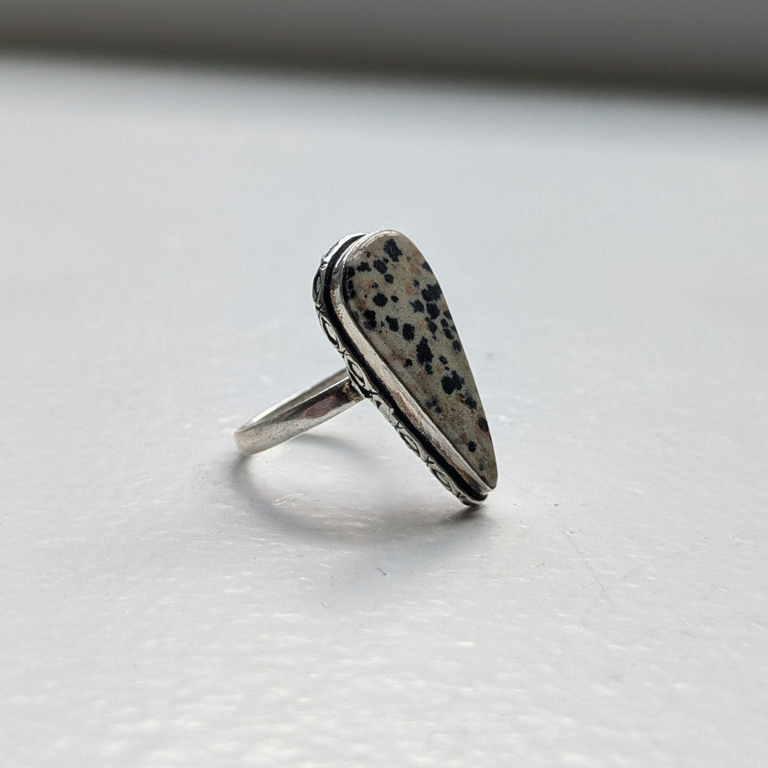 Cream Spotted Boho Statement Ring Sz 9.5 Sterling Silver Vintage Southwest Oval