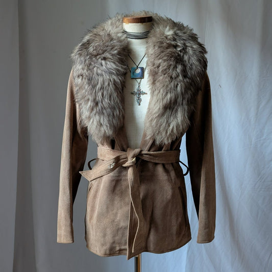 Vintage Brown Suede Penny Lane Coat S 70s Leather Jacket Boho Afghan Fur Coat