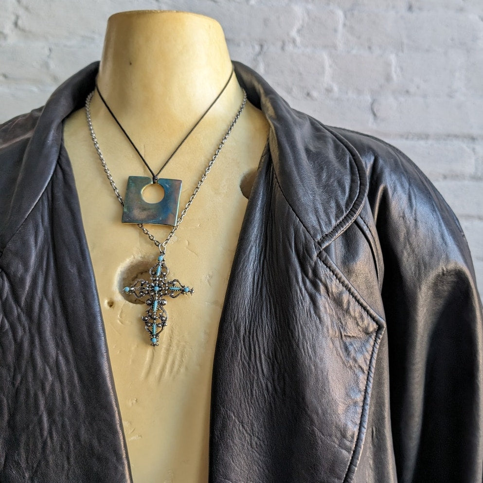 Vintage Minimalist Black Leather Duster Chic Baddie Biker Moto Goth Trench Coat