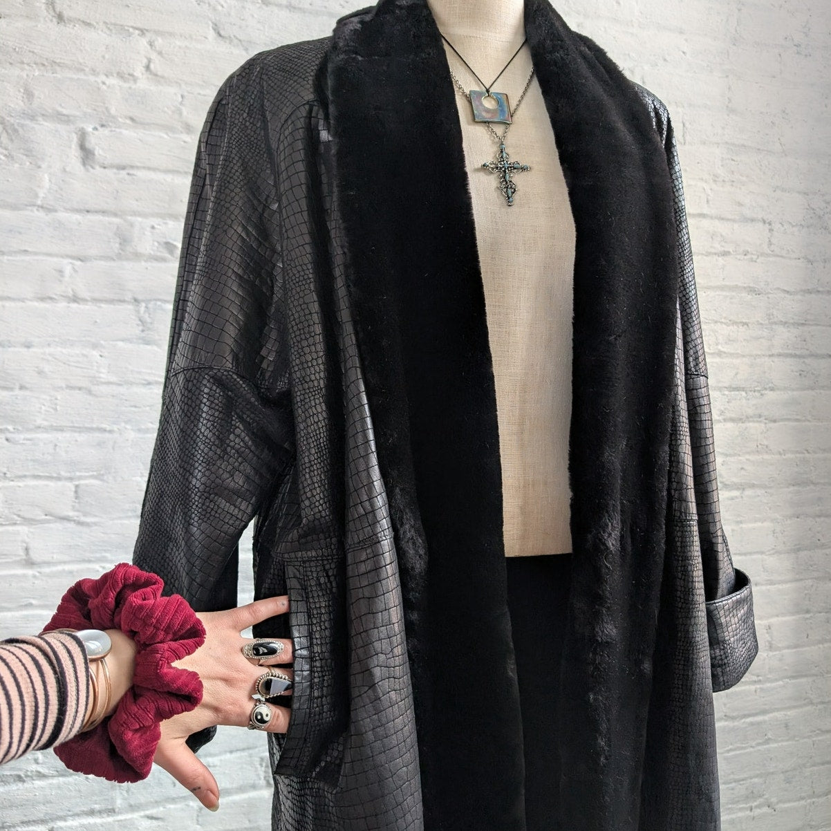 Vintage Black Leather Faux Fur Trench Coat Penny Lane Grunge Snakeskin Jacket