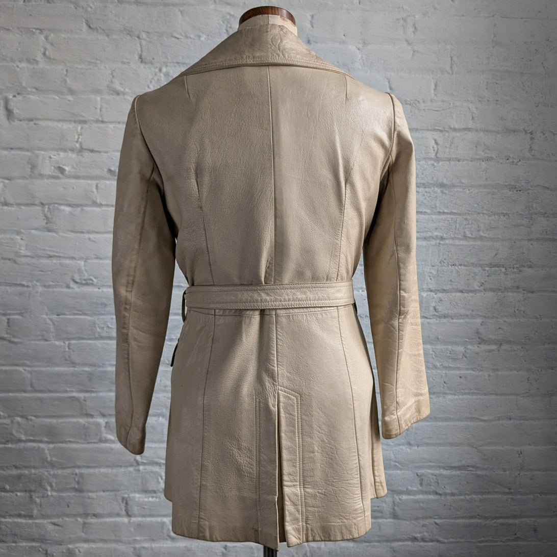 70s Vintage White Genuine Leather Trench Coat Minimalist Boho Moto Biker Jacket