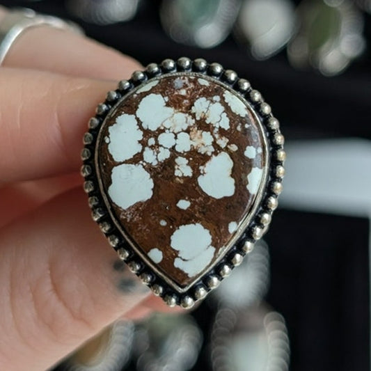 Brown Cowprint Spot Sterling Silver Ring Retro Vintage Boho Natural Stone Size 6