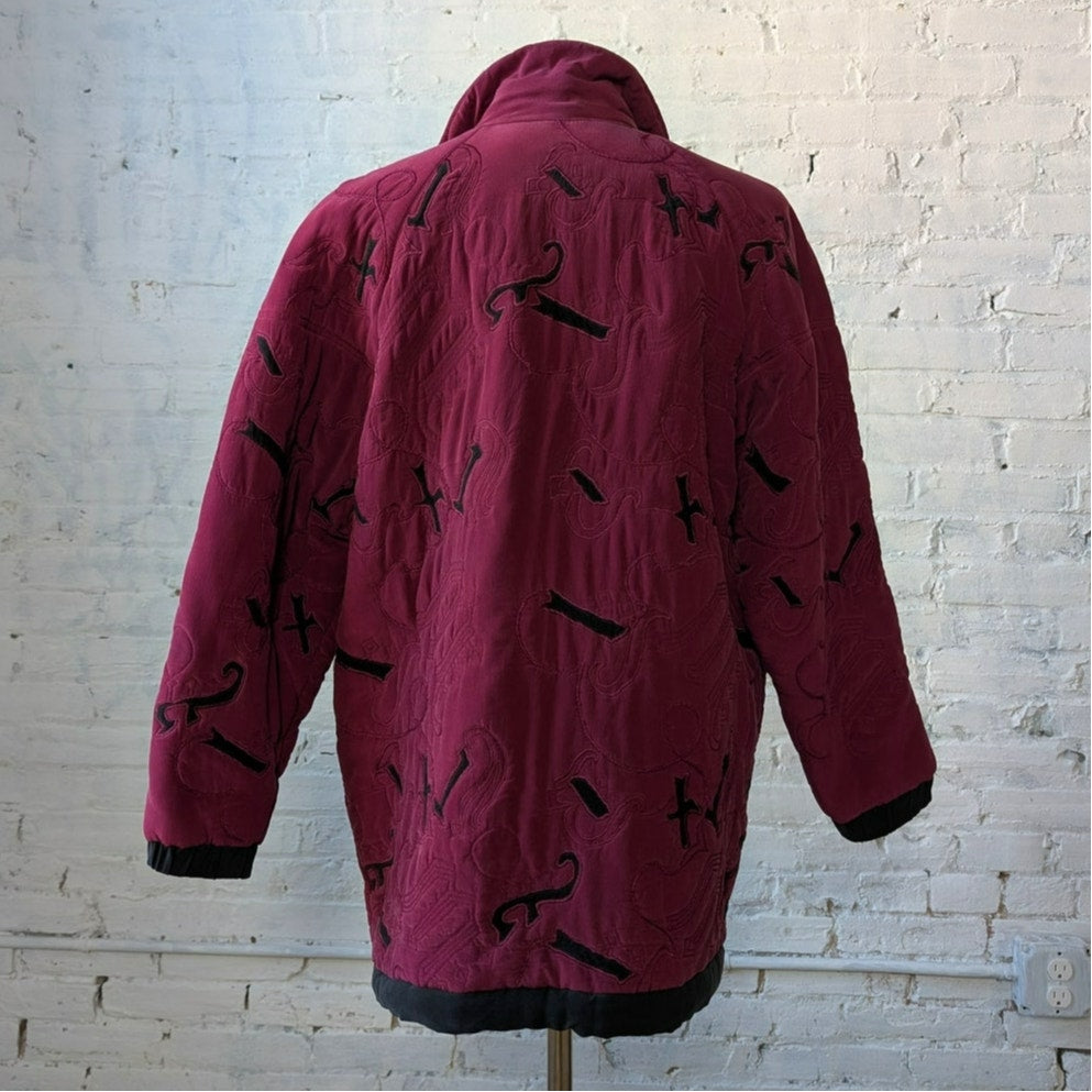 Vintage Purple Silk Jacket Embroidered Quilted Utility Boho Blanket Coat Small