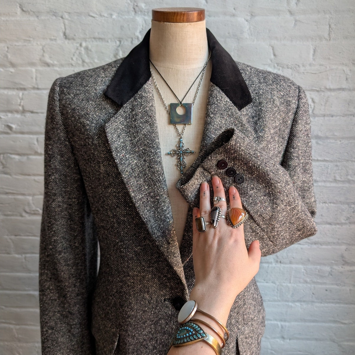 Vintage Gray Wool Blazer Tweed Herringbone Preppy Minimalist Velvet Jacket Large