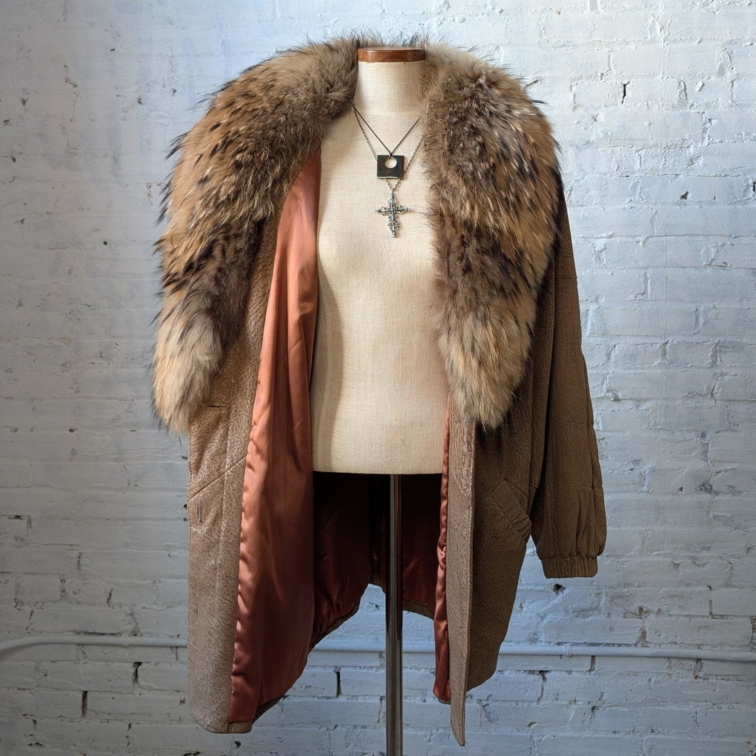 Vintage Tan Genuine Suede Raccoon Fur Trim Coat Leather Mini Trench Jacket