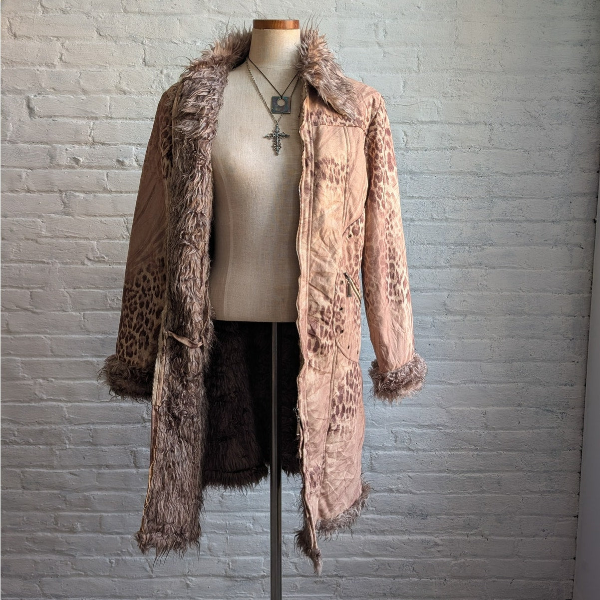Vintage Faux Fur Cheetah Penny Lane Jacket Neutral Leopard Print Trench Coat