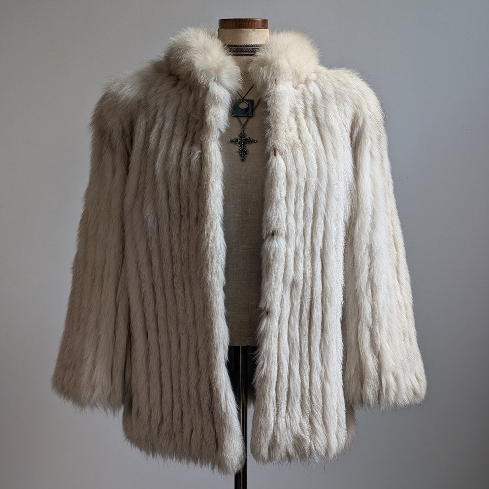 Vintage White Fluffy Fox Fur Coat Furry Glam Mob Wife Ski Luxury Jacket Large