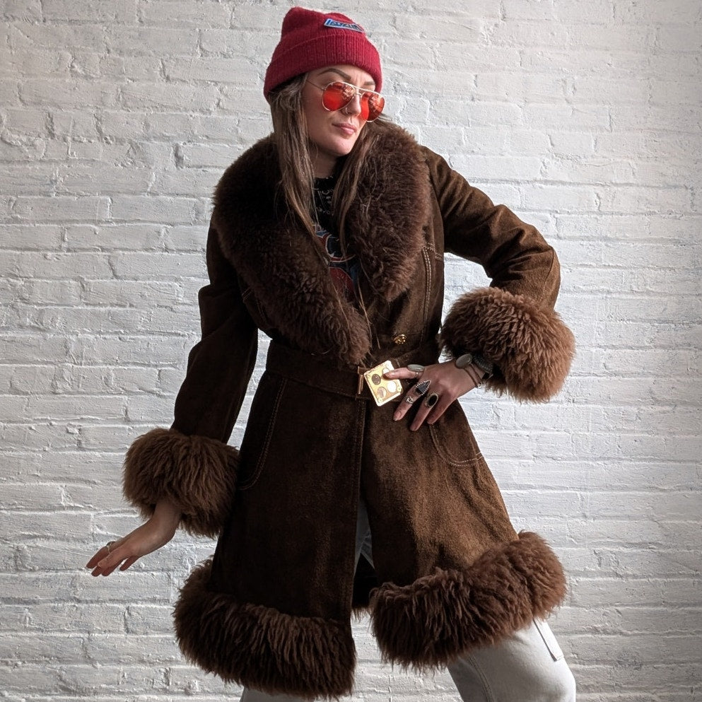 70s Brown Suede Jacket Penny Lane Fur Furry Leather Groovy Vintage Trench Coat