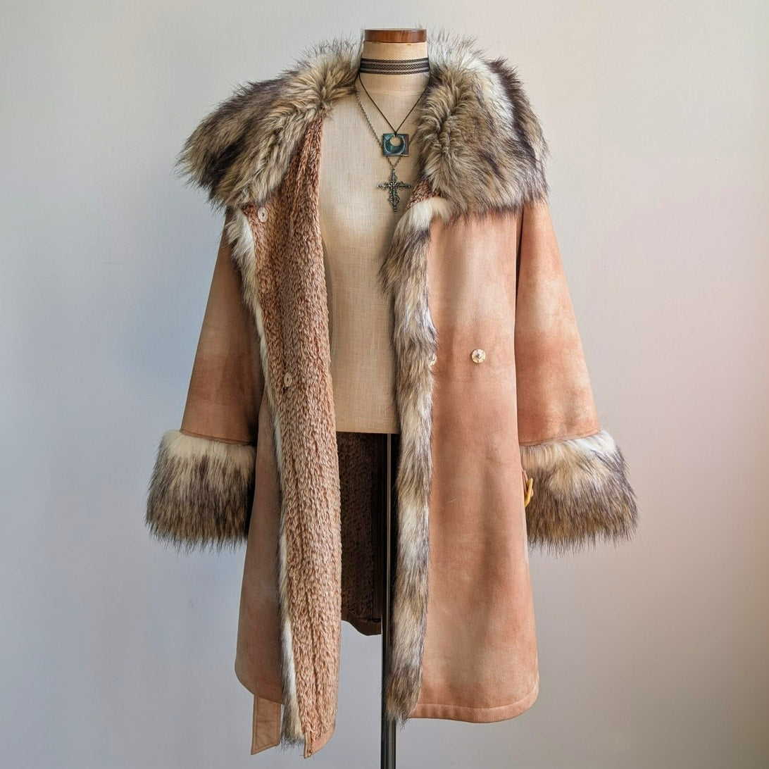 Vintage Brown Vegan Suede Penny Lane Jacket Y2K Tan Faux Fur Afghan Coat Small