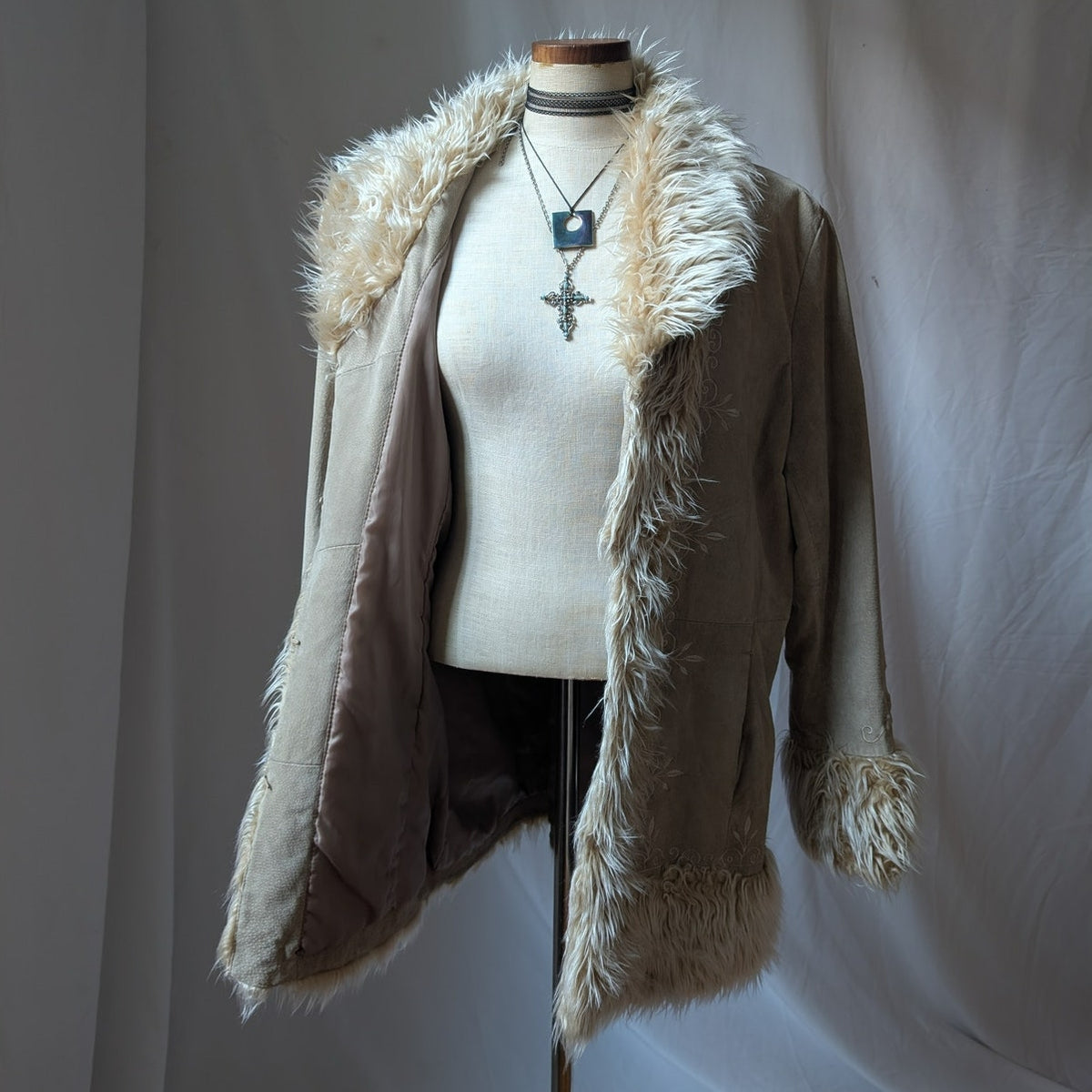 Y2K Vintage Tan Suede Penny Lane Jacket XL Faux Fur Coat Groovy Leather Coat
