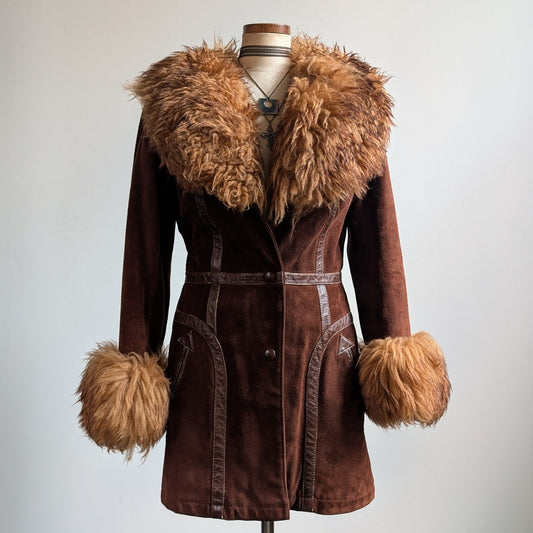 Vintage Brown Suede Penny Lane Jacket Groovy Fur Coat 70s Leather Western Medium
