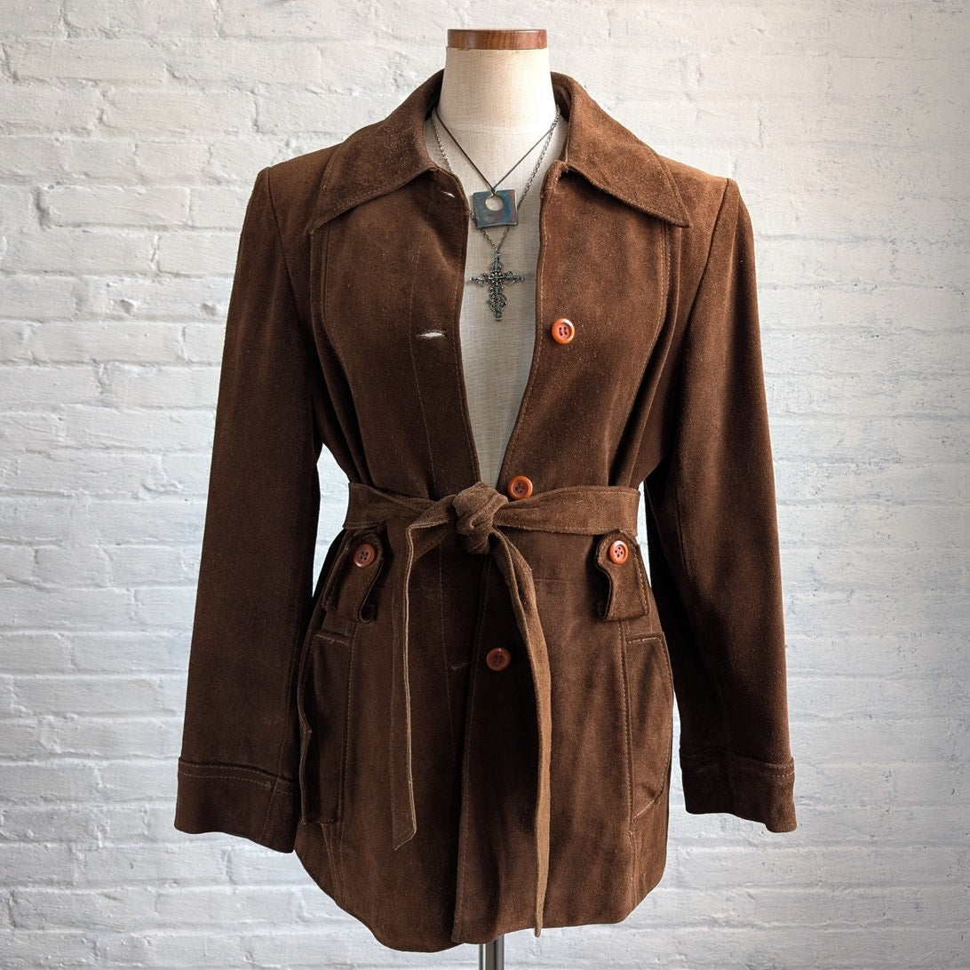 70s Vintage Brown Suede Leather Jacket Minimalist Boho Moto Biker Trench Coat