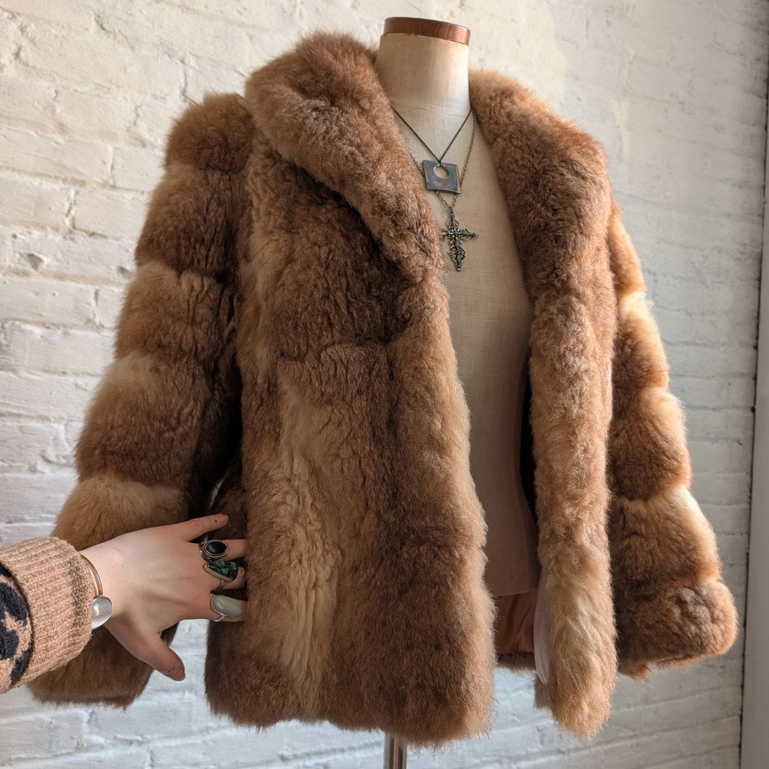 Vintage Ombre Brown Rabbit Fur Coat Crop Penny Lane Crimpy Furry Chic Mod Jacket