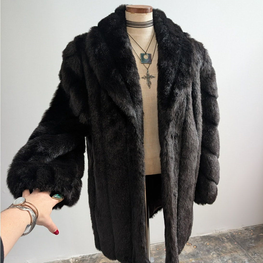 Vintage Black Faux Fur Coat Fur Trim Jacket Mob Wife Minimalist Goth Chic Medium