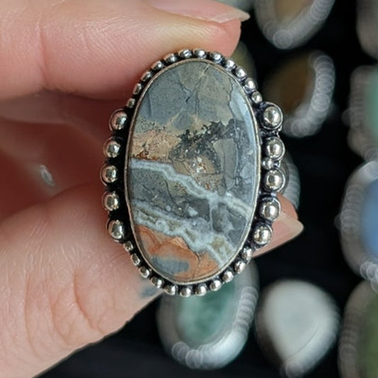 Earthy Rust Grey Natural Stone Ring Boho Chic Y2K Sterling Silver Vintage Size 8
