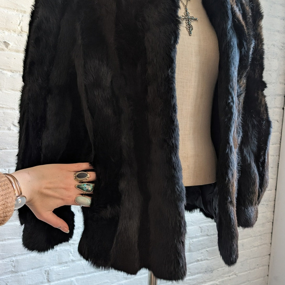 Vintage Jet Black Genuine Rabbit Fur Coat Minimalist Furry Fuzzy Bomber Jacket
