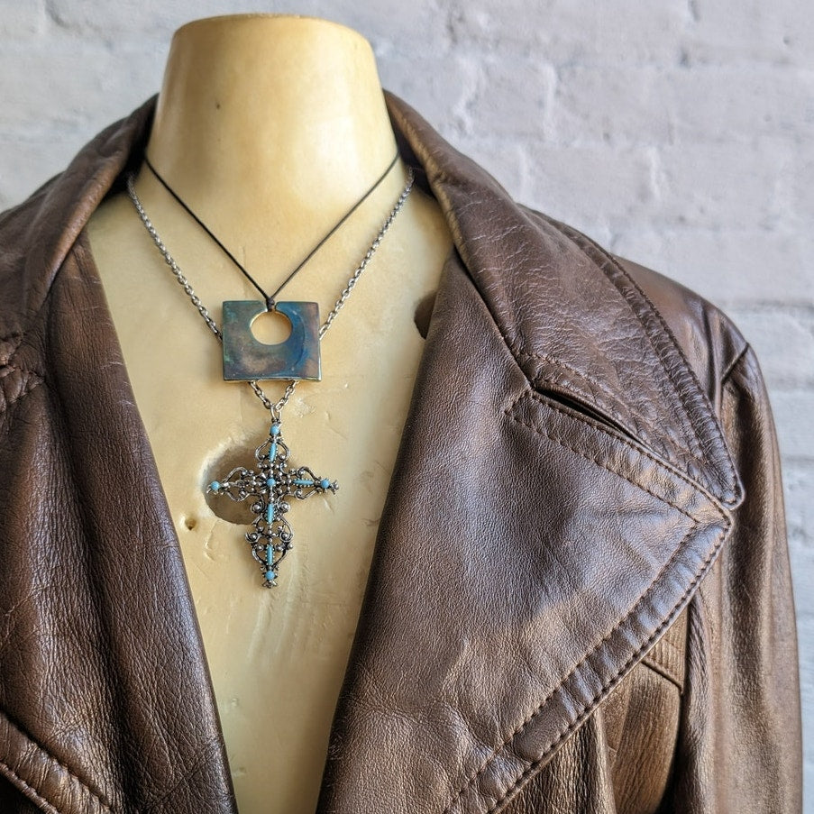 Vintage Brown Leather Jacket Western Trench Coat Earthy Cowboy Minimalist Coat L