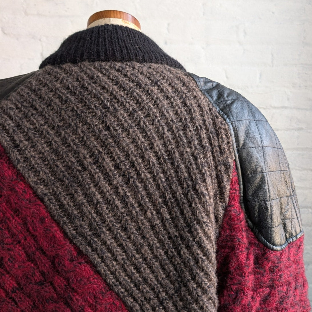 Vintage Cable Knit Leather Sweater Coat Grandpa Granny Cozy Cottage Parka Jacket