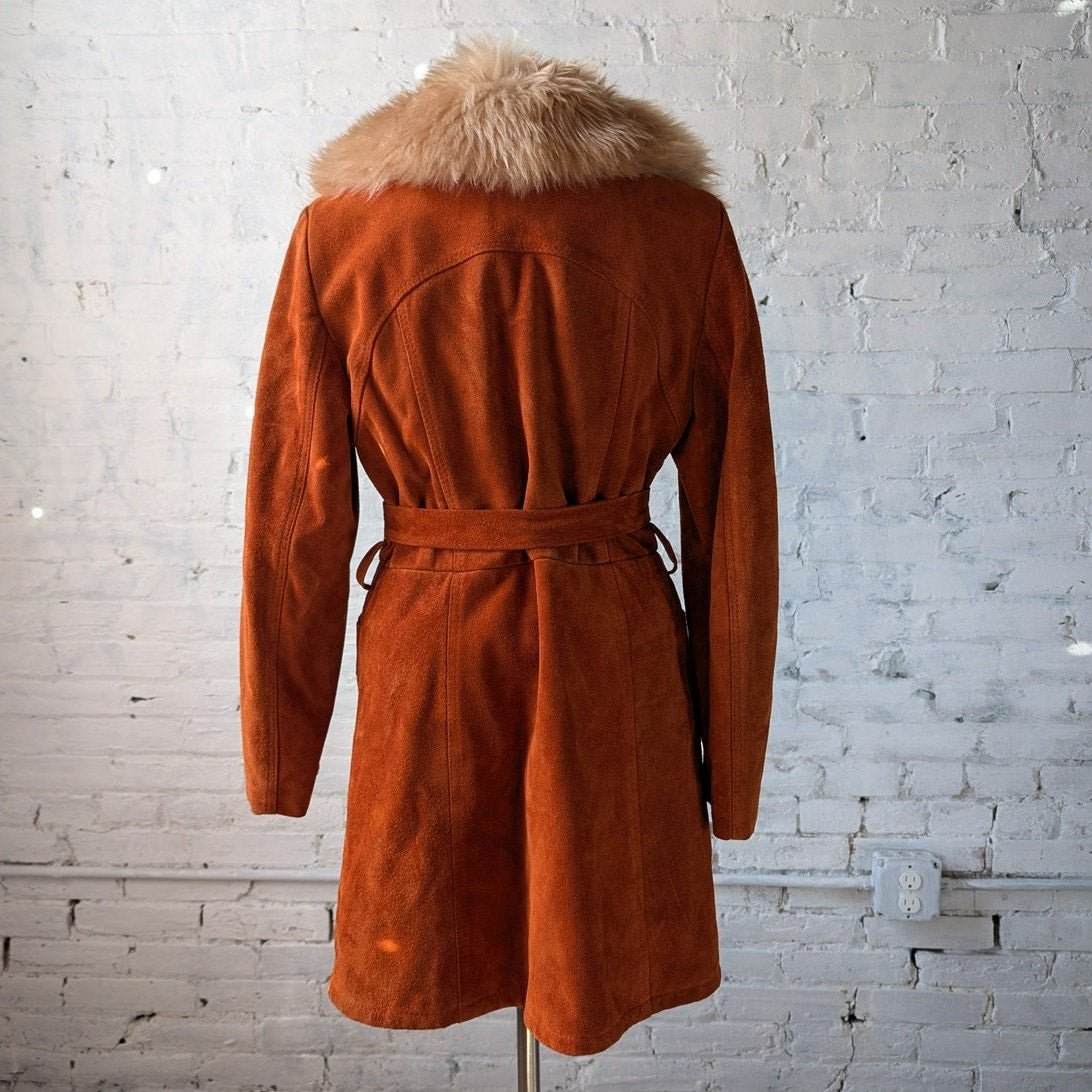 Vintage Orange Suede Penny Lane Jacket Leather Trench Coat Faux Fur Coat Large