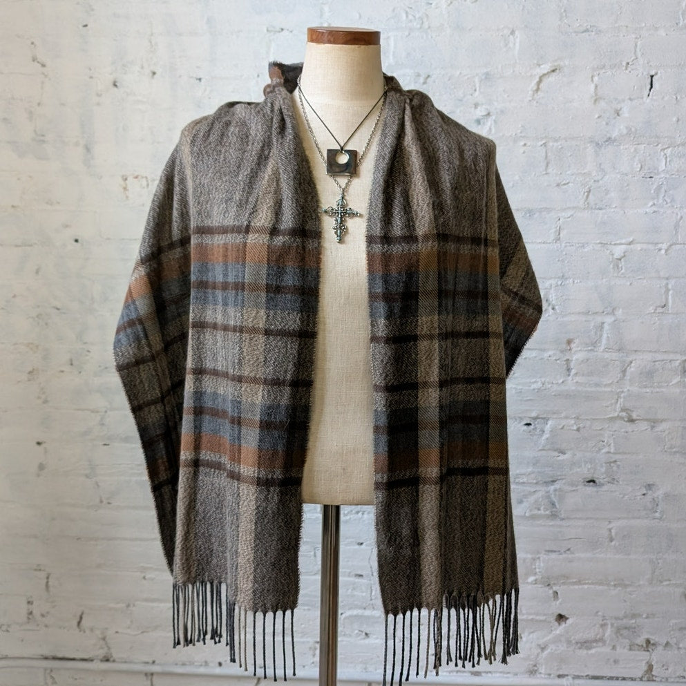 Vintage Knit Earthy Plaid Fringe Scarf Italian Striped Flannel Fuzzy Shawl Wrap