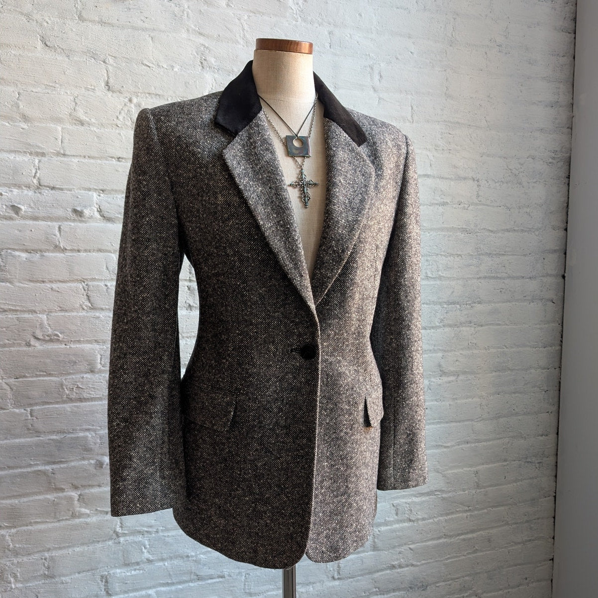 Vintage Gray Wool Blazer Tweed Herringbone Preppy Minimalist Velvet Jacket Large