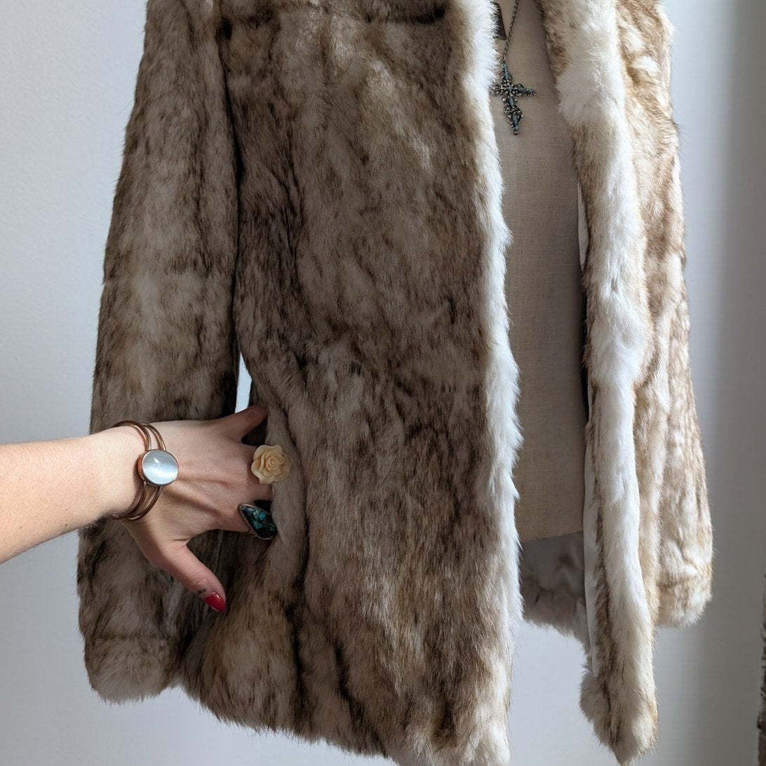 Vintage Neutral White Fur Coat Ombre Brown Genuine Rabbit Mobwife Furry Jacket