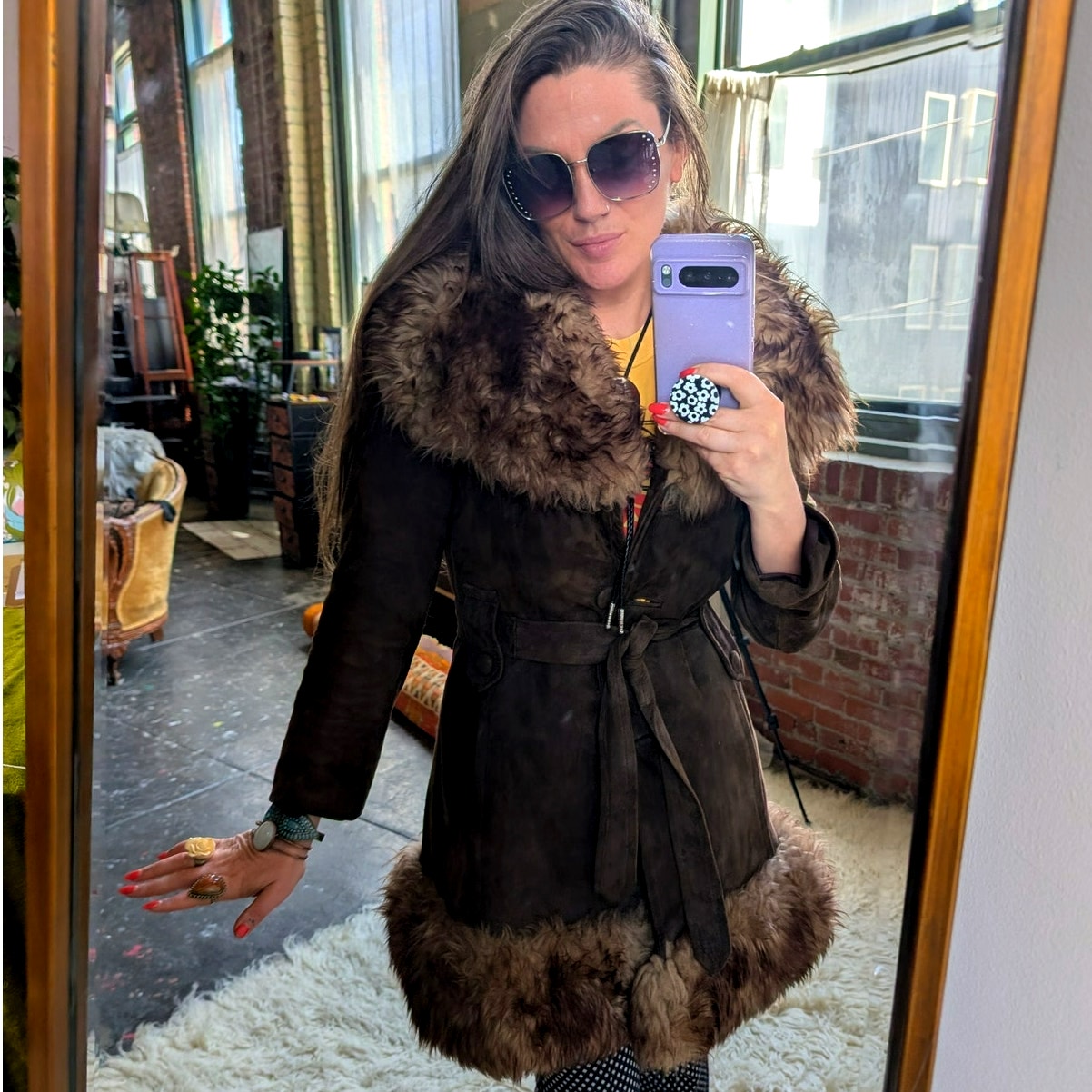 Vintage Brown Suede Fur Trim Penny Lane Jacket Genuine Leather Trench Coat Small