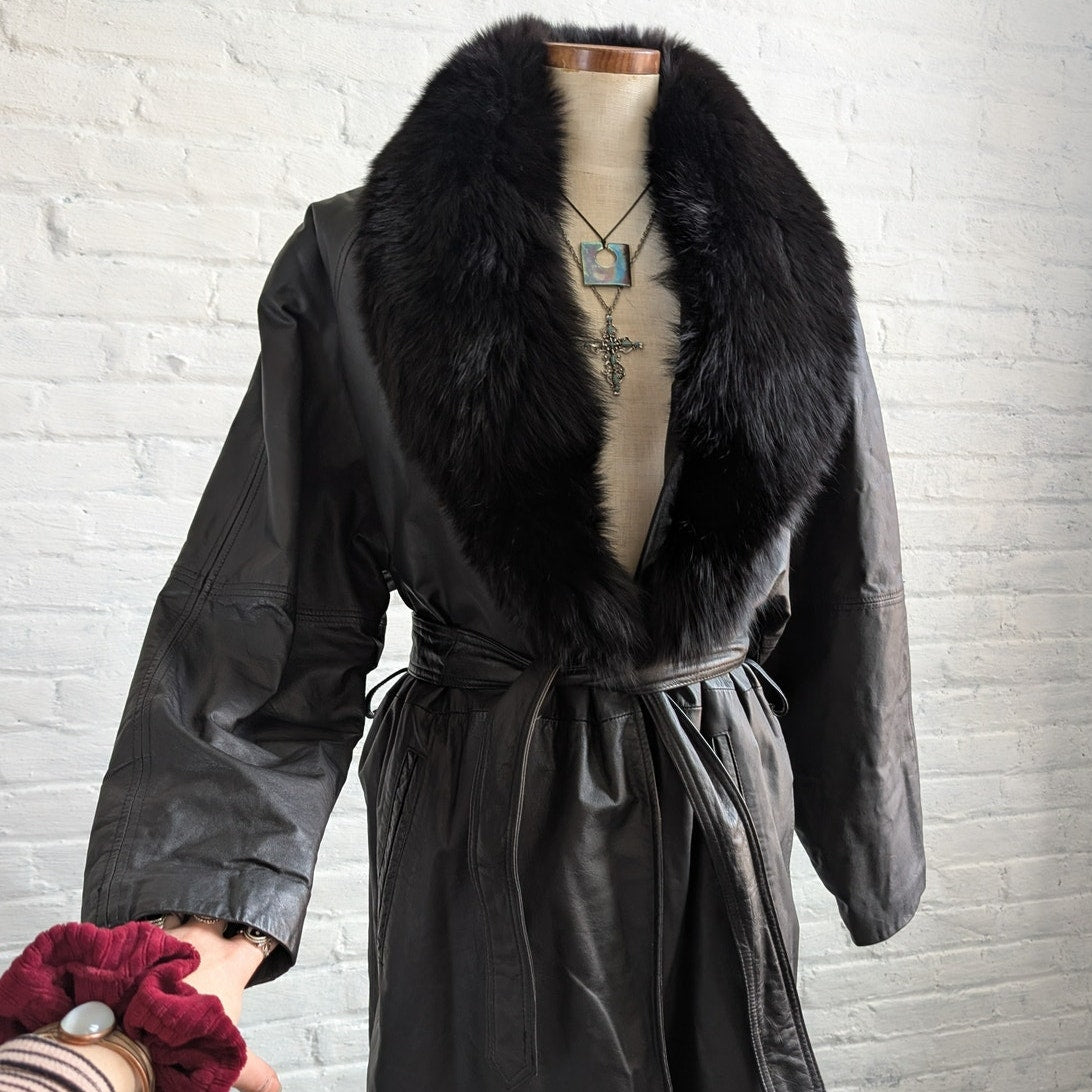 Vintage Black Leather Penny Lane Coat Fur Trench Minimalist Goth Furry Jacket