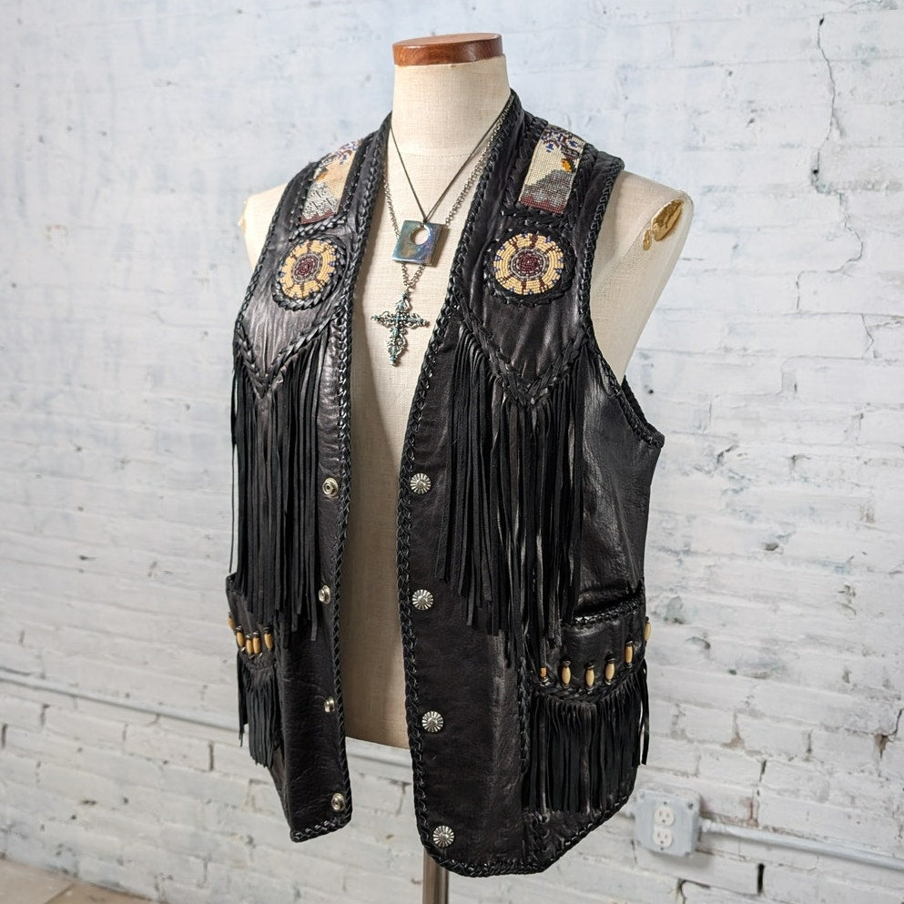 Vintage Black Leather Biker Vest Western Cowboy Fringe Vest Beaded Top Medium