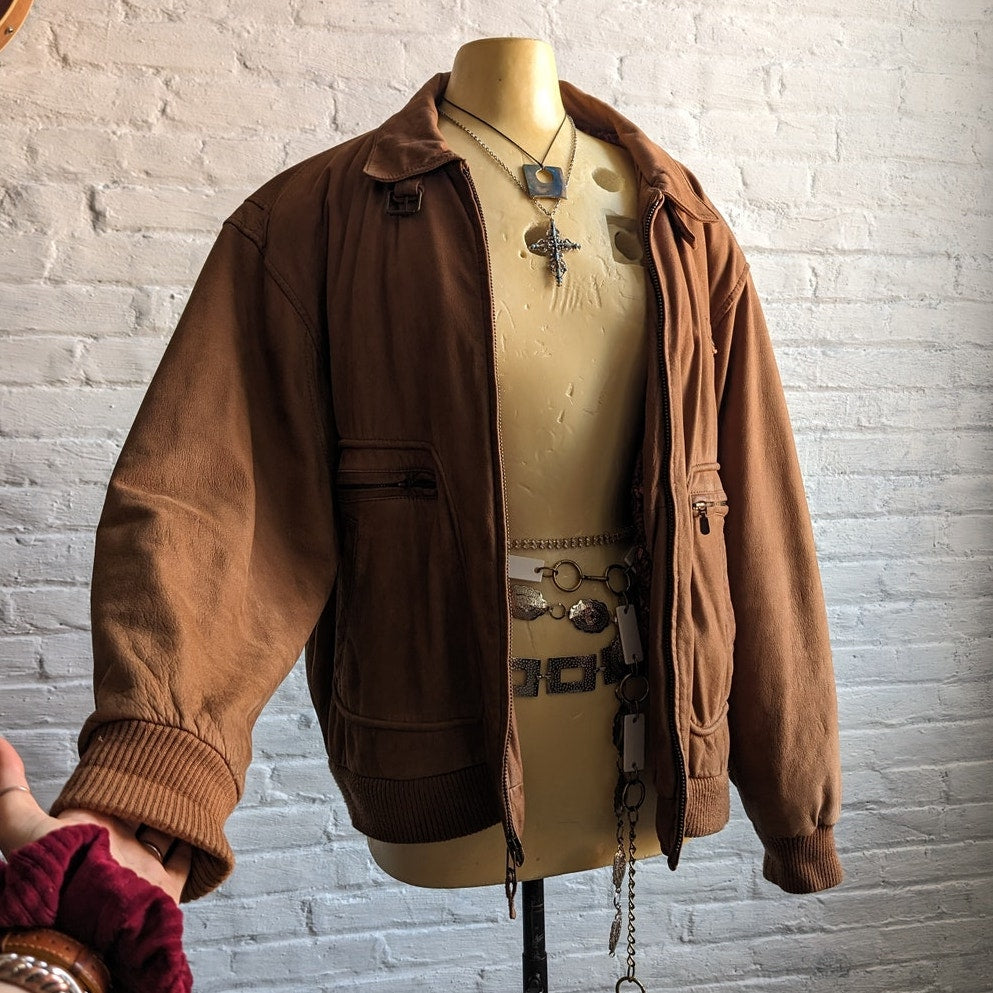 Vintage Brown Genuine Leather Bomber Jacket Aviator Earthtone Pilot Neutral Coat