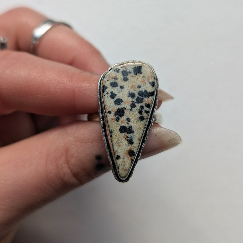 Cream Spotted Boho Statement Ring Sz 9.5 Sterling Silver Vintage Southwest Oval