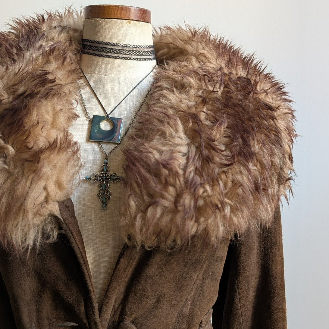 Vintage Brown Suede Fur Trim Penny Lane Jacket Genuine Leather Trench Coat Small