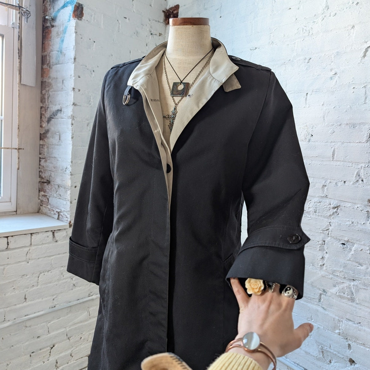 Vintage Black Trench Coat Longline Minimalist Wool Coat Duster Jacket Medium