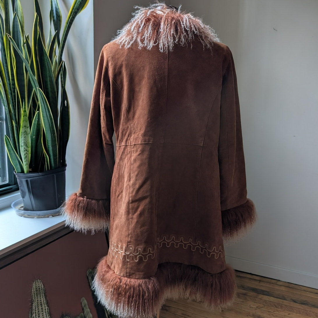 Vintage Rusty Brown Suede Coat Penny Lane Trench Groovy Fur Jacket Afghan Medium