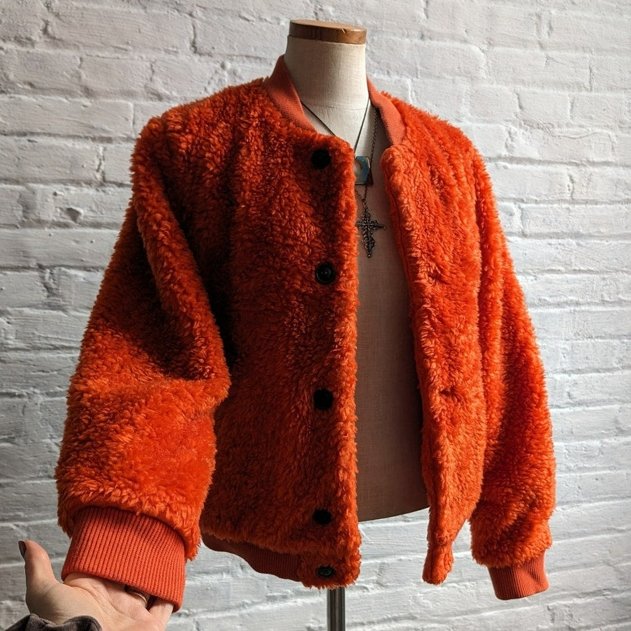 Uniqlo Faux Fur Orange Coat Fuzzy Bomber Indie Retro Statement Preppy Jacket