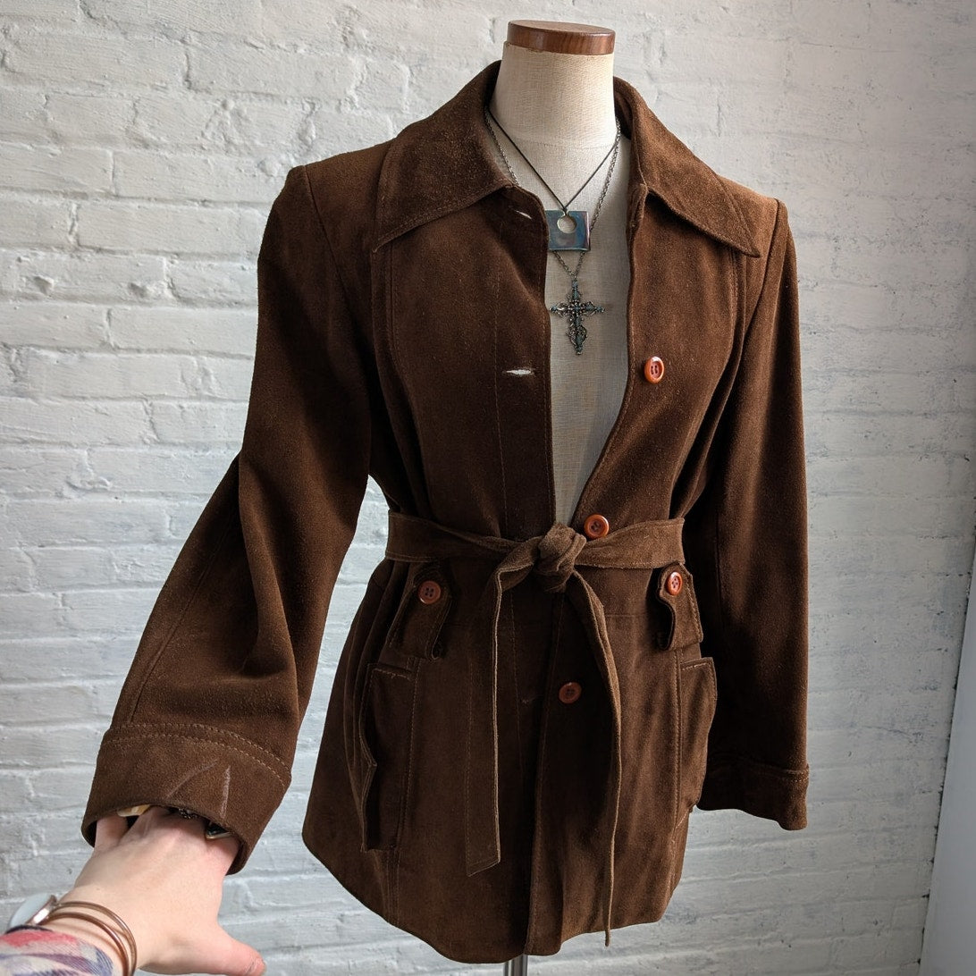 70s Vintage Brown Suede Leather Jacket Minimalist Boho Moto Biker Trench Coat