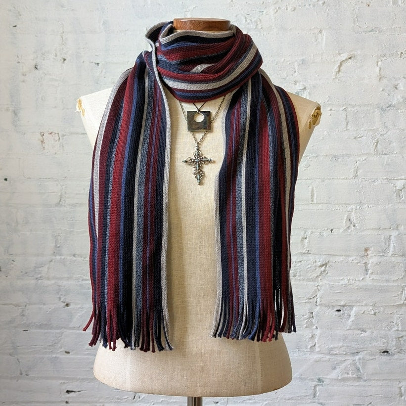 Vintage Red Blue White Striped 100% Wool Scarf Retro Furry Knit Fringe Wrap