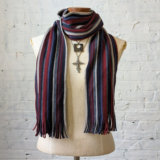 Vintage Red Blue White Striped 100% Wool Scarf Retro Furry Knit Fringe Wrap