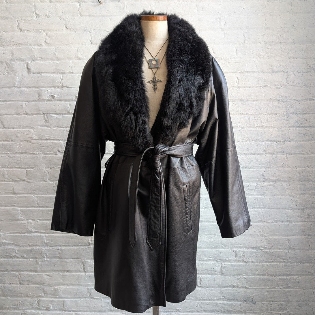 Vintage Black Leather Penny Lane Coat Fur Trench Minimalist Goth Furry Jacket