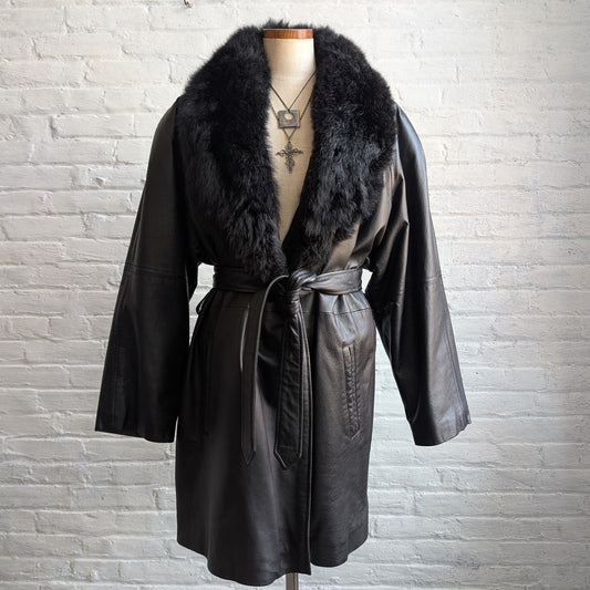 Vintage Black Leather Penny Lane Coat Fur Trench Minimalist Goth Furry Jacket