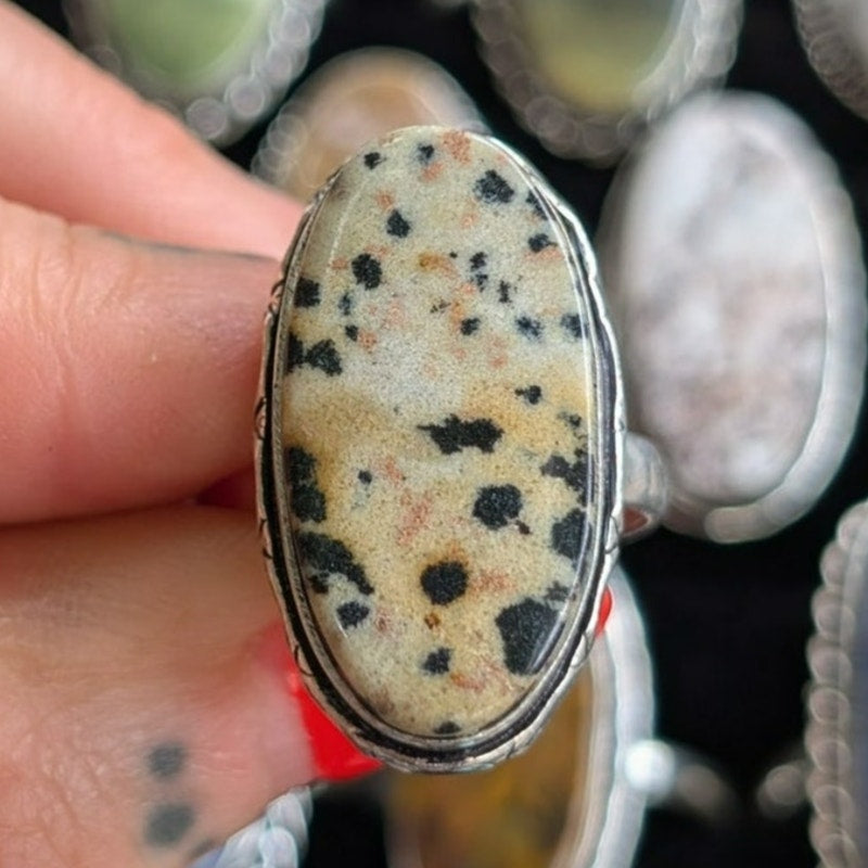 Cream Spotted Boho Statement Ring Sterling Silver Vintage Southwest Oval Size 8