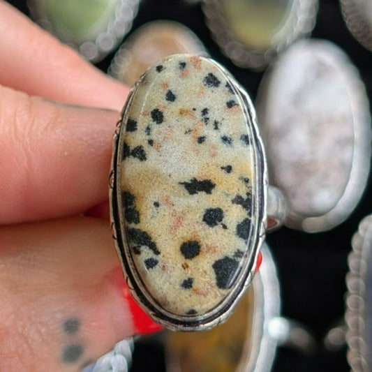 Cream Spotted Boho Statement Ring Sterling Silver Vintage Southwest Oval Size 8
