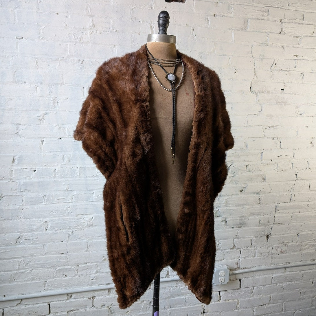 Vintage Brown Mink Fur Stole Scarf Mob Wife Shawl Genuine Furry Boho Chic Shrug