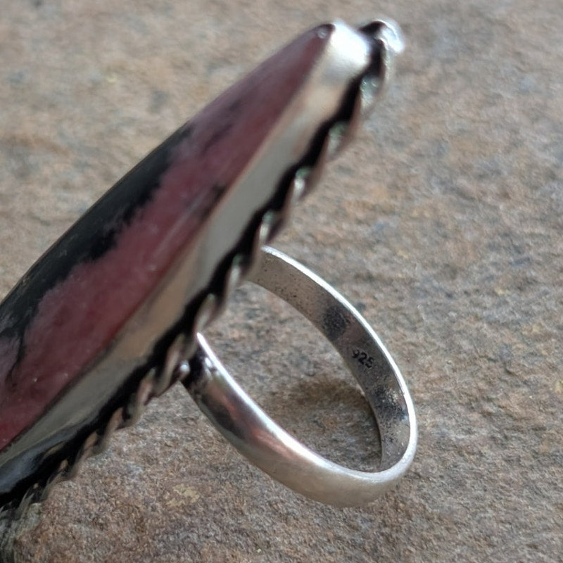 Pink Black Swirl Boho Statement Ring Sterling Silver Vintage Southwest Size 8.75