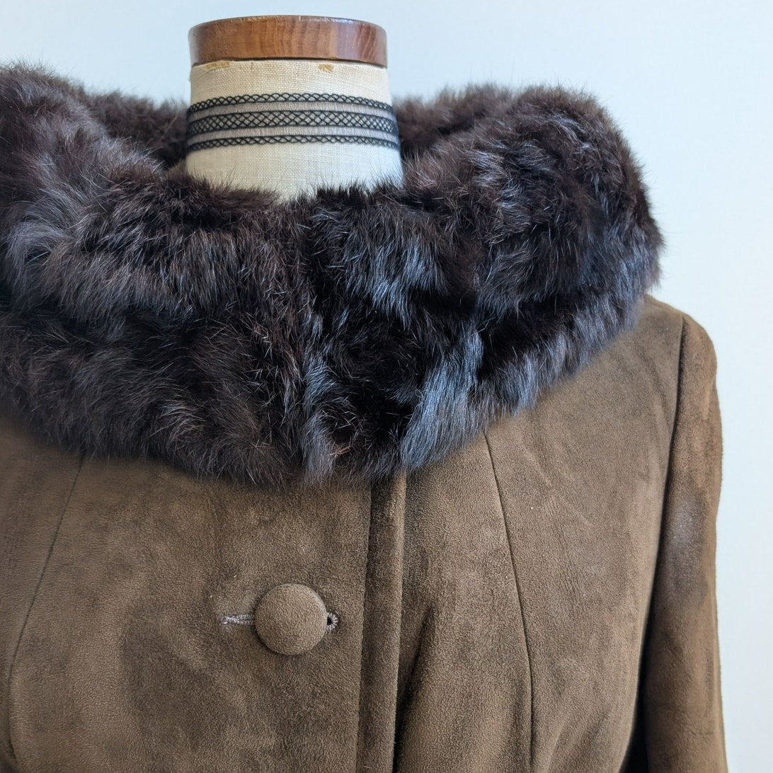 Vintage Brown Suede Penny Lane Jacket Fur Trim Leather Groovy Trench Coat Large