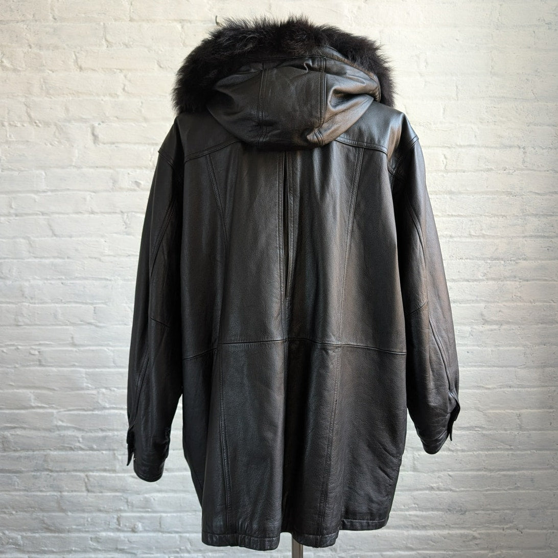 Vintage Black Leather Fox Fur Coat Penny Lane Minimalist Boho Moto Grunge Jacket