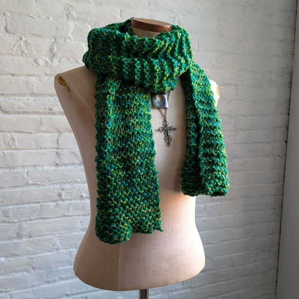 Retro Chunky Handknit Green Scarf Preppy Soft Crochet Coastal Cozy Boho Wrap
